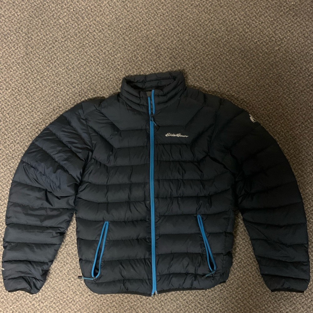 Eddie Bauer Men's Dark Puffer Jacket with Blue Trim